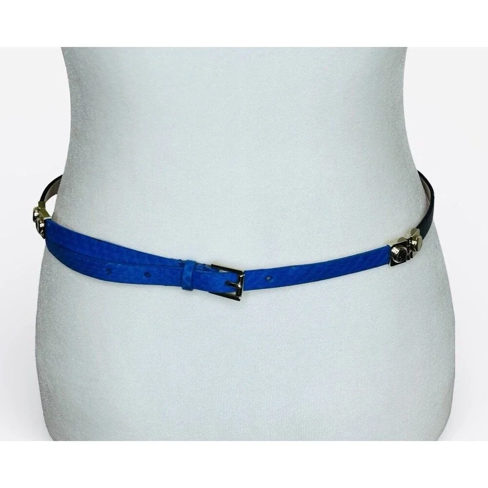J.Crew Skinny Leather Belt Blue Black Hinge Details Sz Large Accent Preppy EUC - Picture 3 of 12